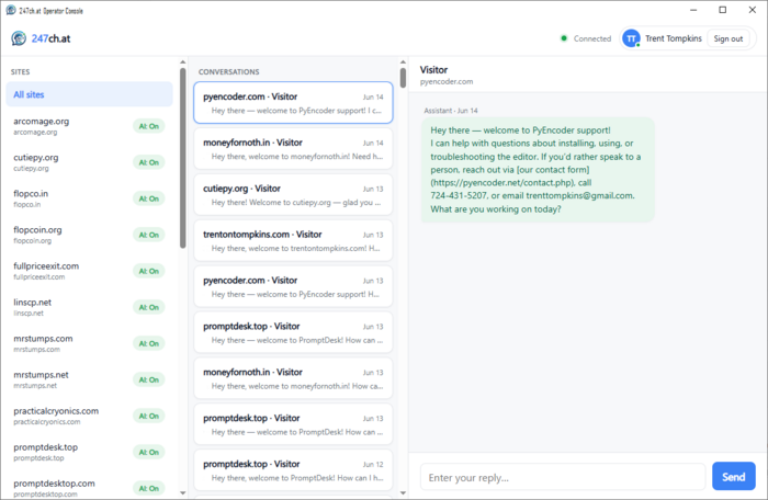 The 247chat desktop Operator Console: every conversation across all your sites in one window.